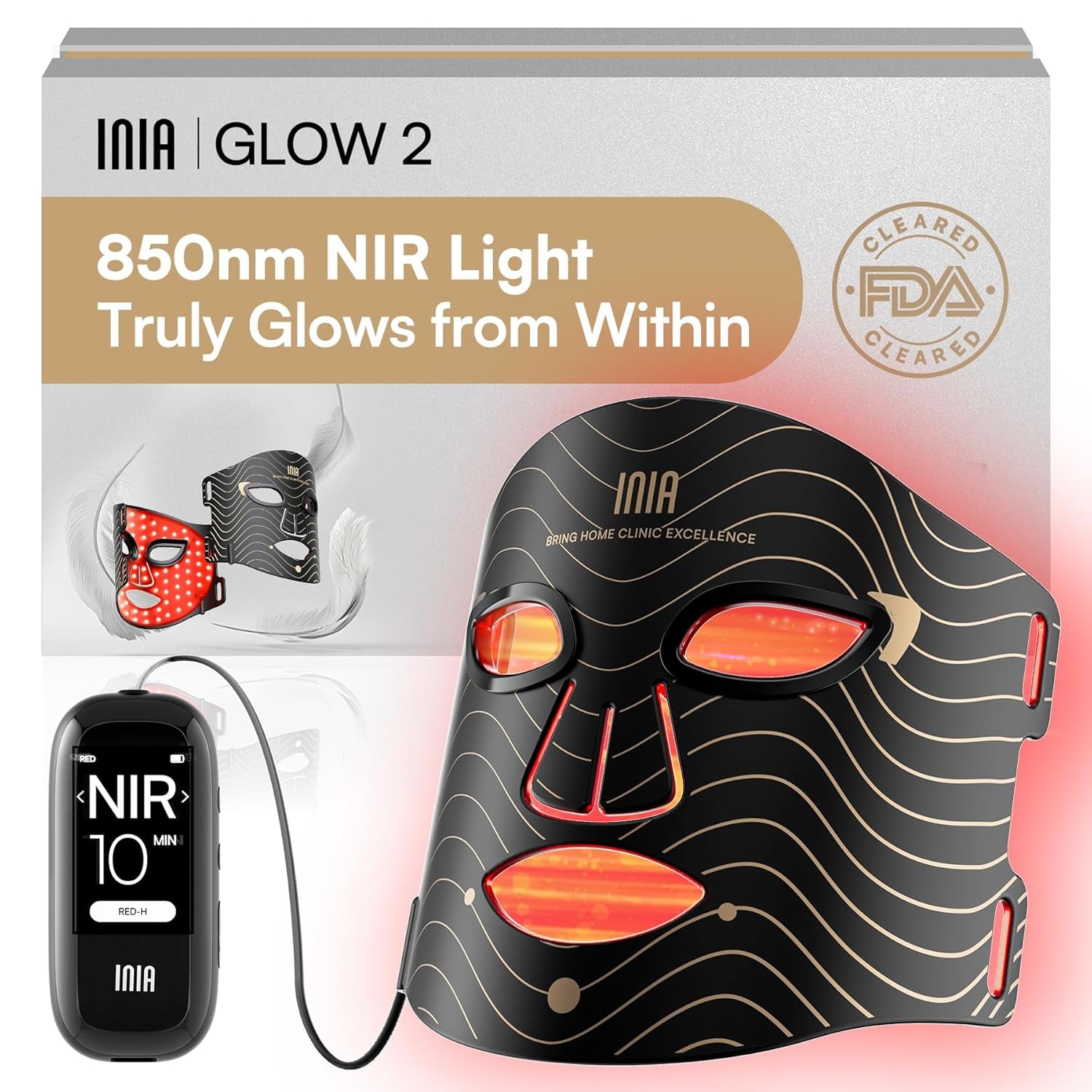 INIA Red Light Therapy Mask for Face – 4 Light Modes with 850Nm NIR, Red & Blue LED Light Therapy, 2600Mah Rechargeable LED Face Mask for Radiant Glow at Home, Black