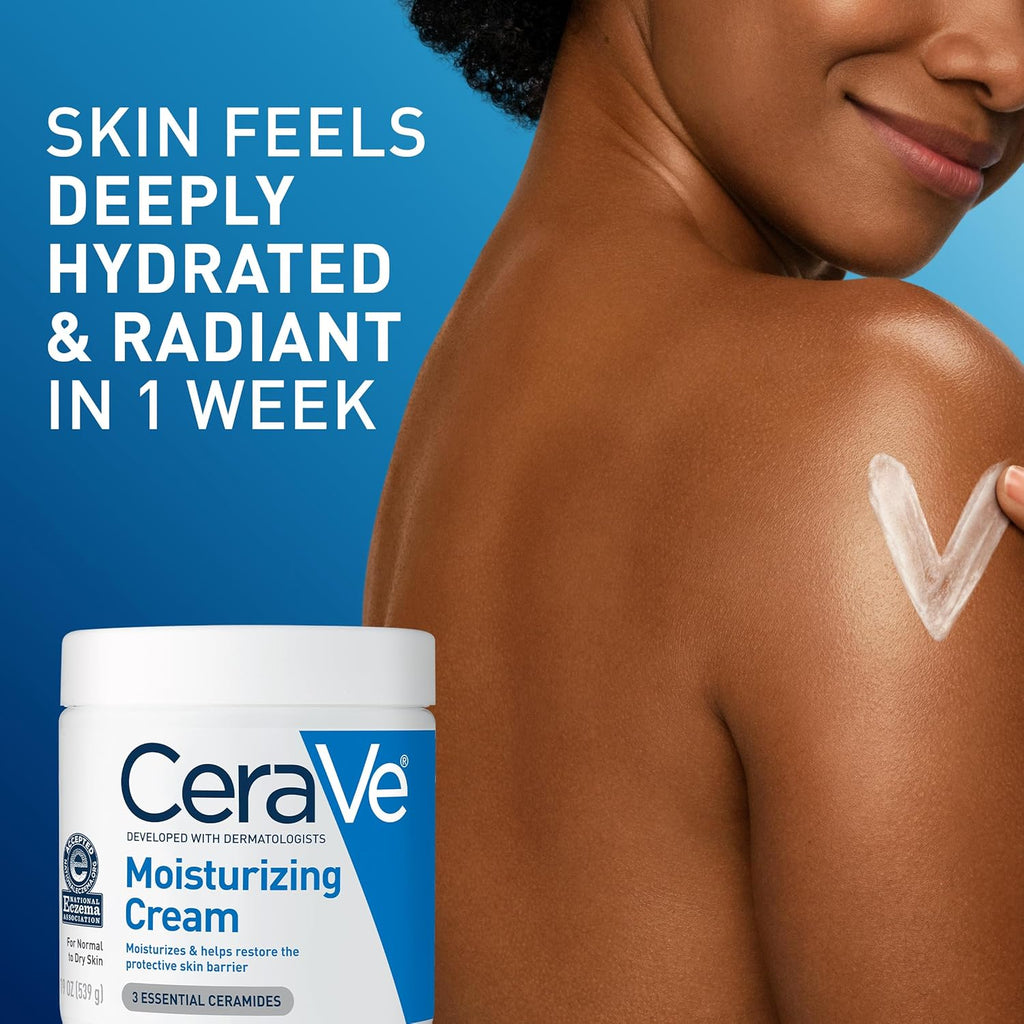 Cerave Moisturizing Cream, Body and Face Moisturizer for Dry Skin, Body Cream with Hyaluronic Acid and Ceramides, Daily Moisturizer, Oil-Free, Fragrance Free, Non-Comedogenic, 19 Ounce