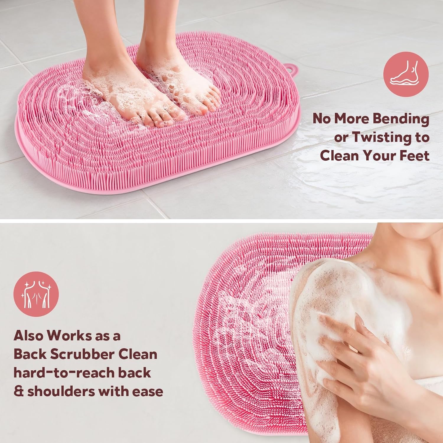 21"×14" Large Shower Foot Scrubber Mat, Silicone Feet/Back Exfoliating Cleaner with Suction Cups, Foot Massage Bath Pad for Dead Skin Removal, No Bending over Soft Bristle Bath Mat