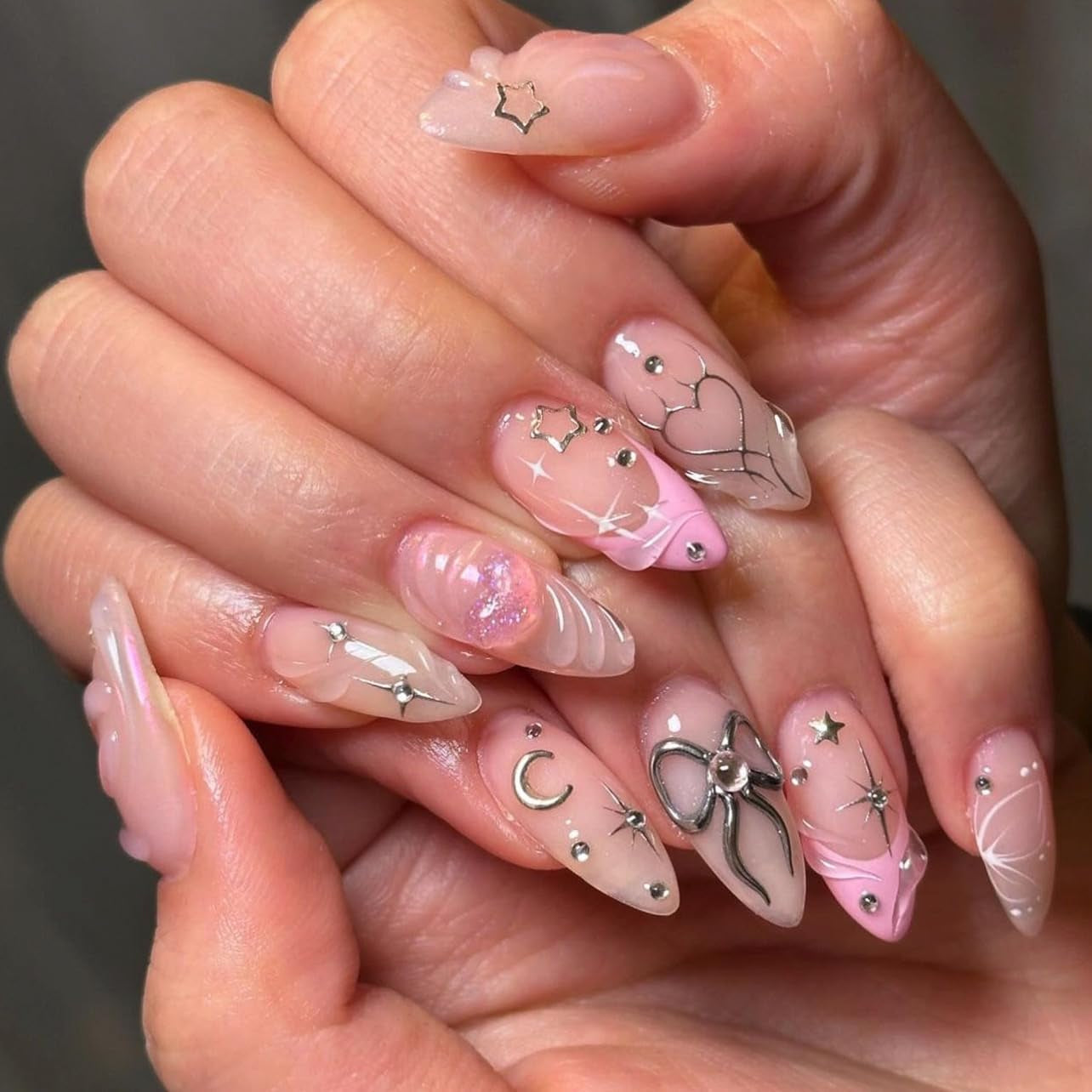 CTTHNBD Press on Nails Almond - French Tip Fake Nails with Gold Line Design - Medium Fasle Nails Press Ons - for Women 24 Pcs