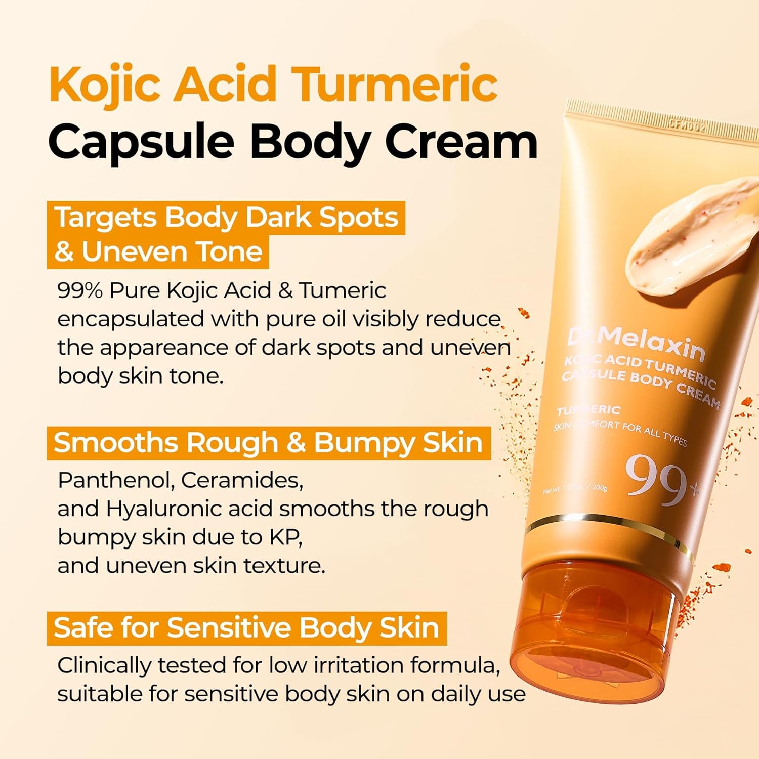 Dr.Melaxin Kojic Acid Turmeric Body Cream with Ceramides, Brightening Body Moisturizer for Dark Spots & Uneven Tone, Panthenol & Hyaluronic Acid for Deep Hydration, 7.05 Oz
