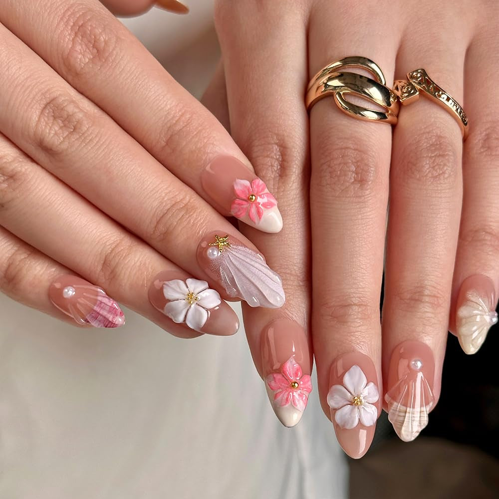 MAGLFELL Salon Press on Nails - 3D Almond Handmade Unique French Fake Nails, Thick Acrylic and Muti-Layer Gel False Nails, Reusable Gel Cured Durable Press Ons (Size S)