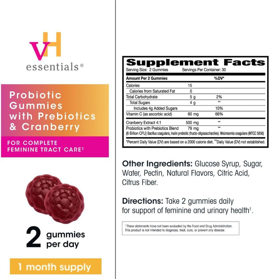 Vh Essentials Probiotic Gummies with Prebiotics & Cranberry, Concentrated Extract for Urinary Tract Health, Supports Vaginal Microflora Balance for a Healthy Feminine Tract, 60 Count