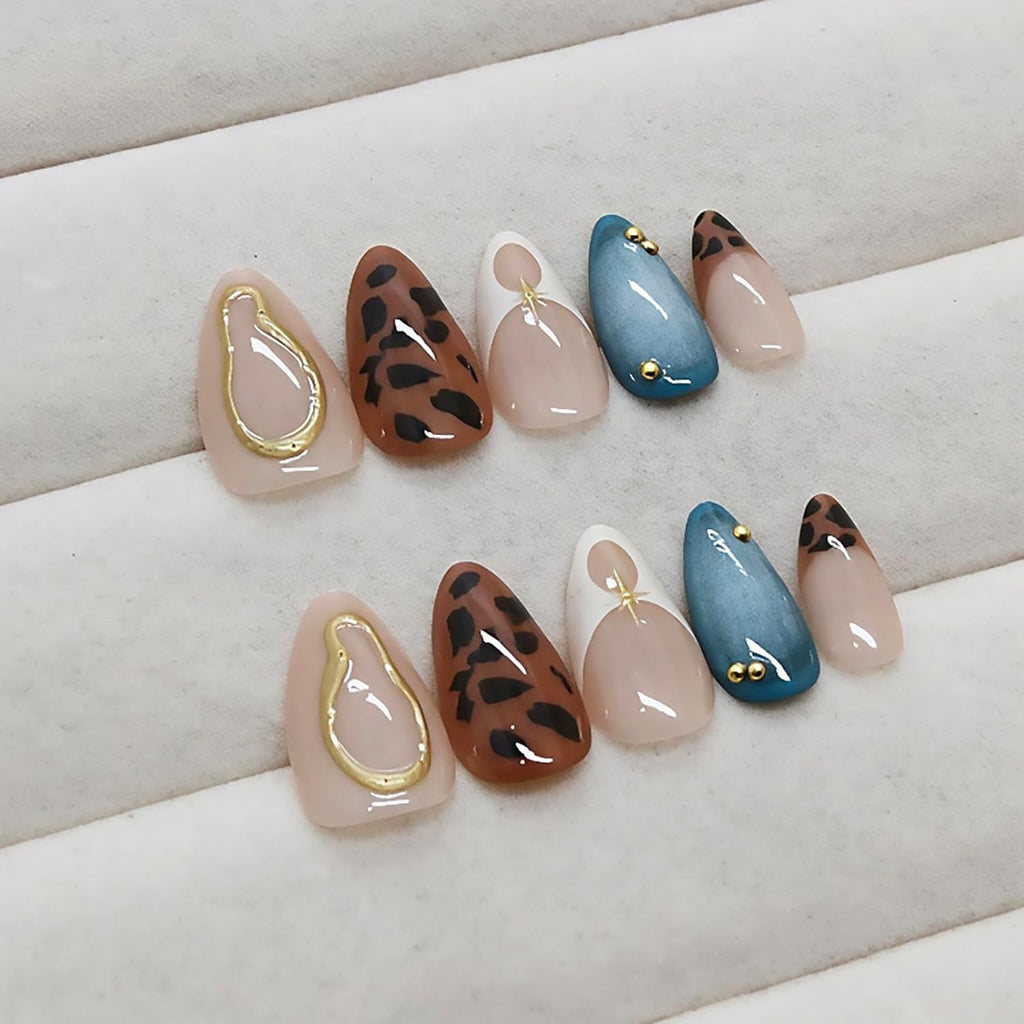 24Pcs Medium Almond Press on Nails French Tip Fake Nails with Brown Leopard Gold Line Design Glossy Reusable False Nail Artificial Acrylic Nails Press Ons Holiday Stick on Nails for Women DIY Manicure