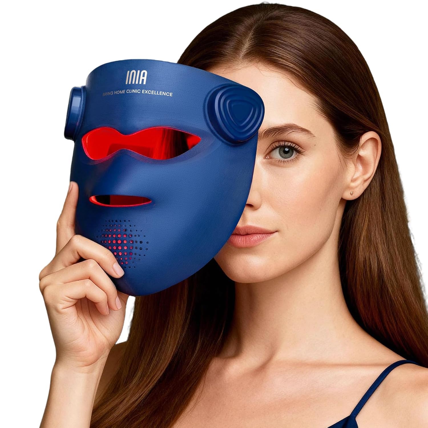 INIA Glow 4D Wireless Red Light Therapy Mask for Face – Dual NIR, 320 Leds, 4 Modes, Under-Eye Cooling, Cordless & Rechargeable LED Face Mask for Home & Travel, Skincare Gifts for Women Mom Wife, Blue