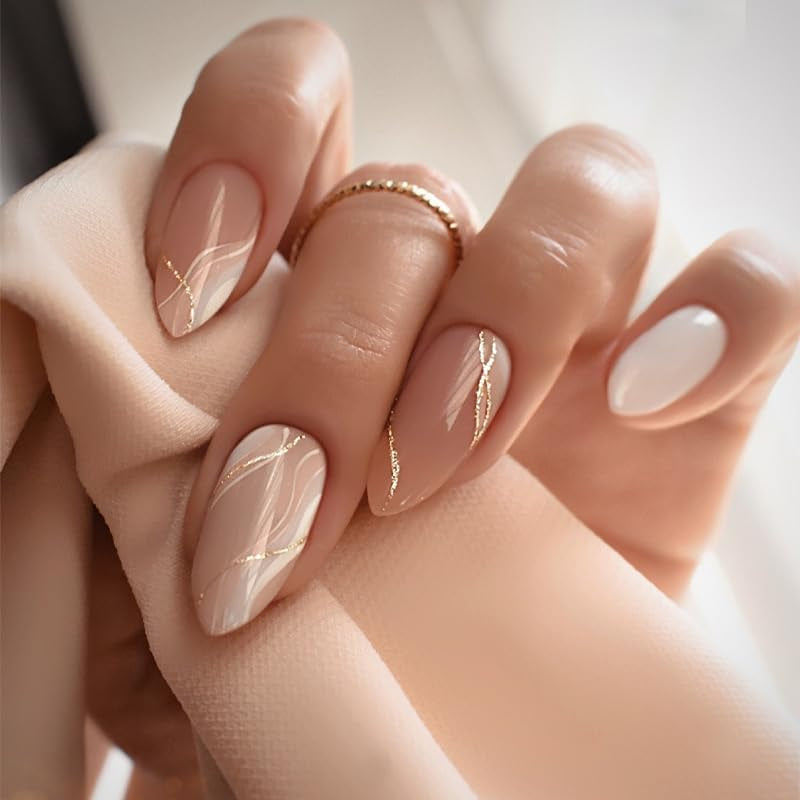 CTTHNBD Press on Nails Almond - French Tip Fake Nails with Gold Line Design - Medium Fasle Nails Press Ons - for Women 24 Pcs