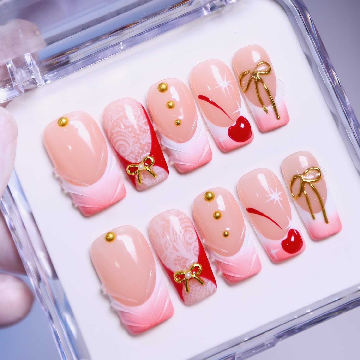 MAGLFELL Salon Press on Nails - 3D Almond Handmade Unique French Fake Nails, Thick Acrylic and Muti-Layer Gel False Nails, Reusable Gel Cured Durable Press Ons (Size S)