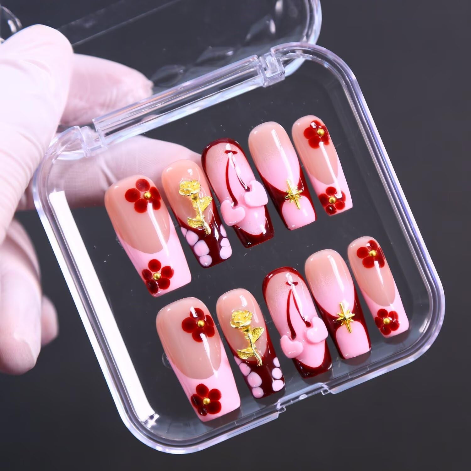 MAGLFELL Salon Press on Nails - 3D Almond Handmade Unique French Fake Nails, Thick Acrylic and Muti-Layer Gel False Nails, Reusable Gel Cured Durable Press Ons (Size S)
