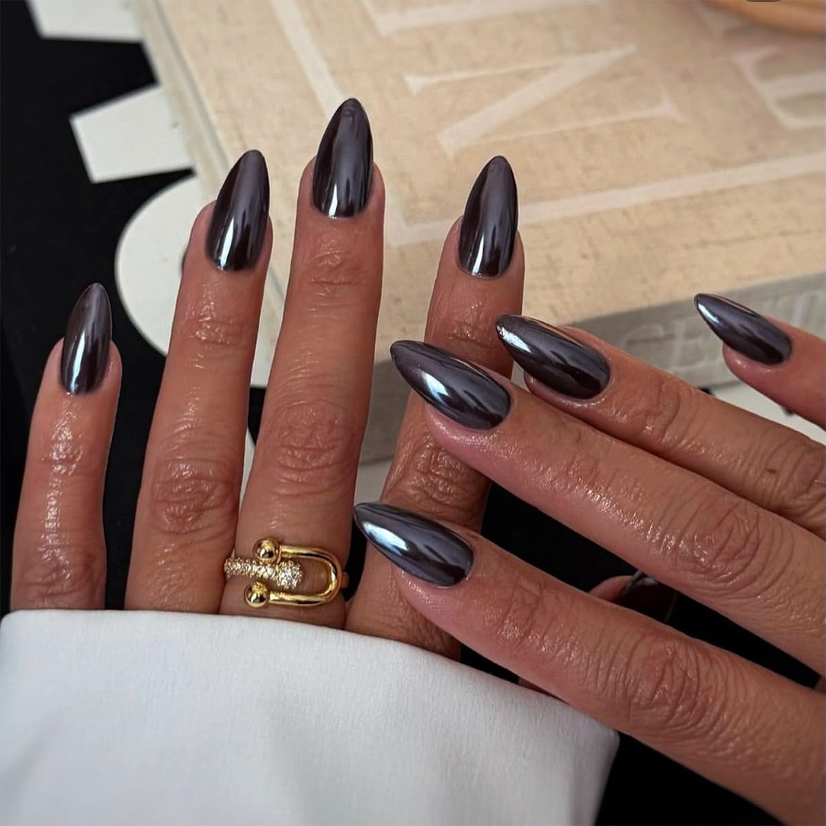 CTTHNBD Press on Nails Almond - French Tip Fake Nails with Gold Line Design - Medium Fasle Nails Press Ons - for Women 24 Pcs