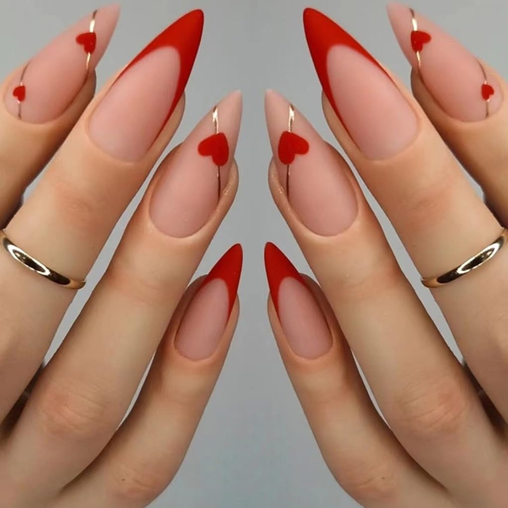 CTTHNBD Press on Nails Almond - French Tip Fake Nails with Gold Line Design - Medium Fasle Nails Press Ons - for Women 24 Pcs