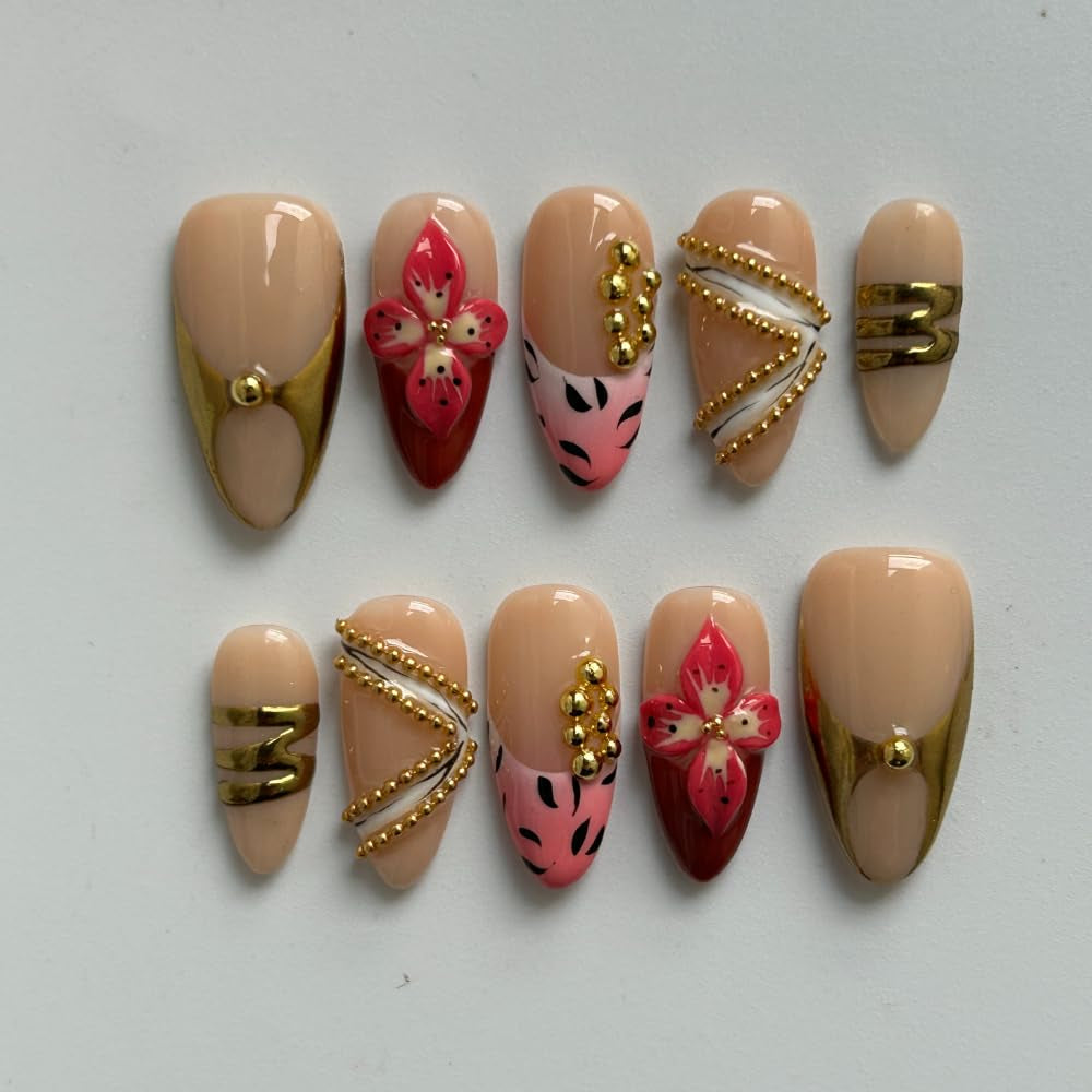 MAGLFELL Salon Press on Nails - 3D Almond Handmade Unique French Fake Nails, Thick Acrylic and Muti-Layer Gel False Nails, Reusable Gel Cured Durable Press Ons (Size S)