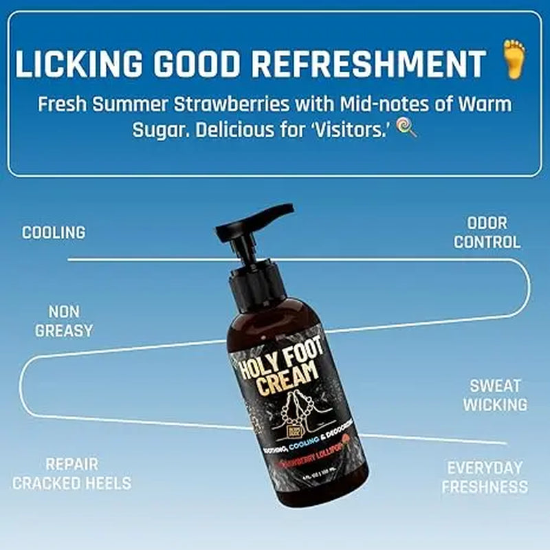 Derm Dude Holy Foot Cream - Moisturizer for Sweaty Smelly & Cracked Heels with Deodorizing Power - Strawberry Lollipop Scent - Hydrating & Antifungal - 100G