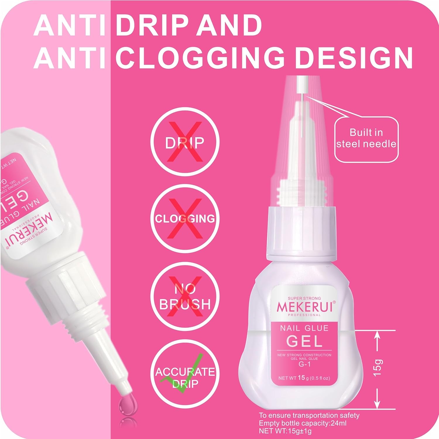 MEKERUI Super Strong Nail Glue Gel 15G – Air-Dries in 7 Seconds, No UV Lamp Needed, Waterproof & Long-Lasting for Press-On Nails
