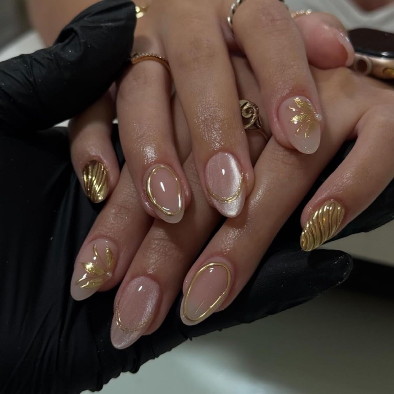CTTHNBD Press on Nails Almond - French Tip Fake Nails with Gold Line Design - Medium Fasle Nails Press Ons - for Women 24 Pcs