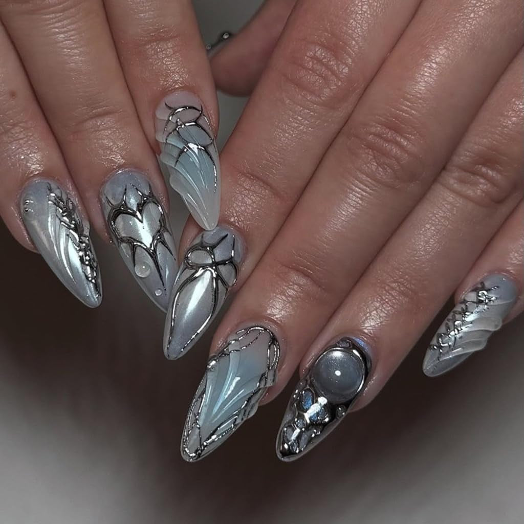 CTTHNBD Press on Nails Almond - French Tip Fake Nails with Gold Line Design - Medium Fasle Nails Press Ons - for Women 24 Pcs