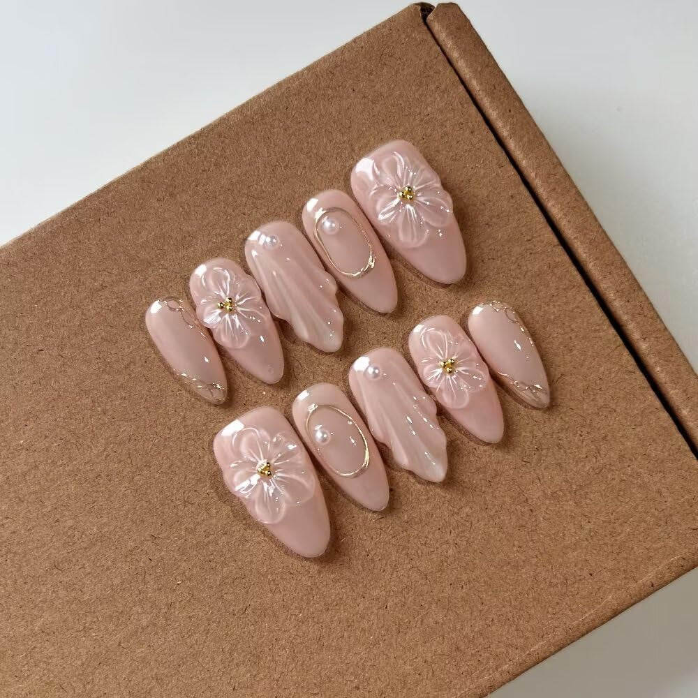 MAGLFELL Salon Press on Nails - 3D Almond Handmade Unique French Fake Nails, Thick Acrylic and Muti-Layer Gel False Nails, Reusable Gel Cured Durable Press Ons (Size S)