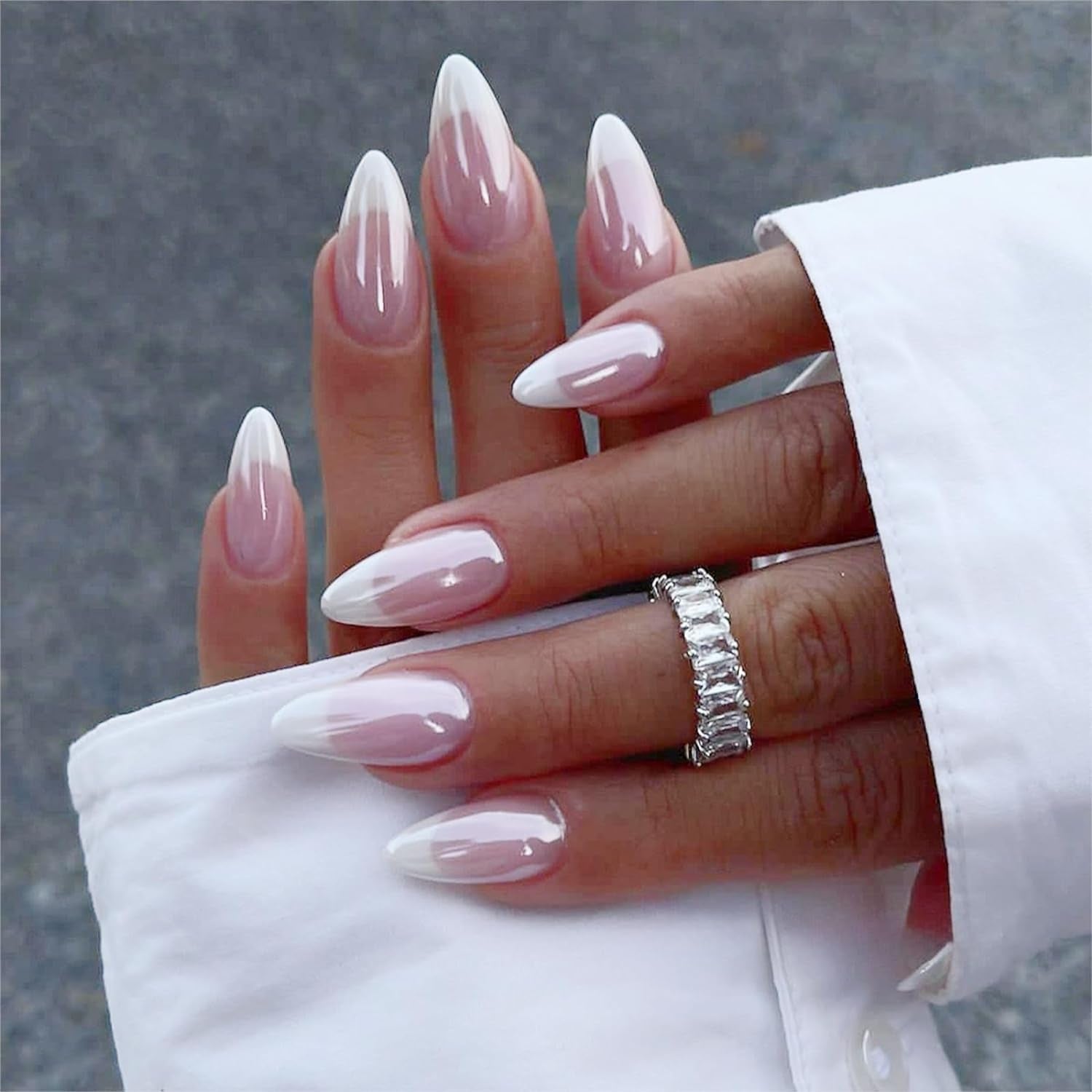 CTTHNBD Press on Nails Almond - French Tip Fake Nails with Gold Line Design - Medium Fasle Nails Press Ons - for Women 24 Pcs