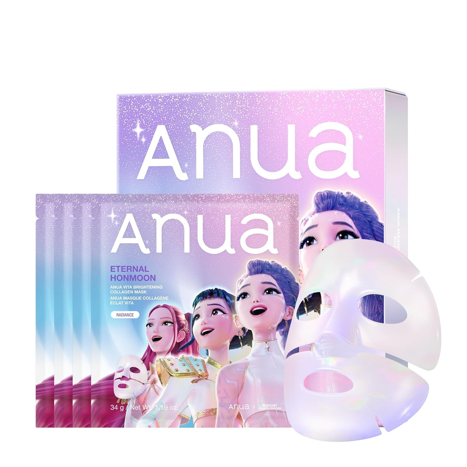 ANUA Vita Collagen Mask, Hydrogel Face Mask for Cooling & Skin Firmness, Dullness Care with Vitamin C, Radiant Glass Skin Effect, Kpop Demon Hunters, Korean Skincare (4Ea)
