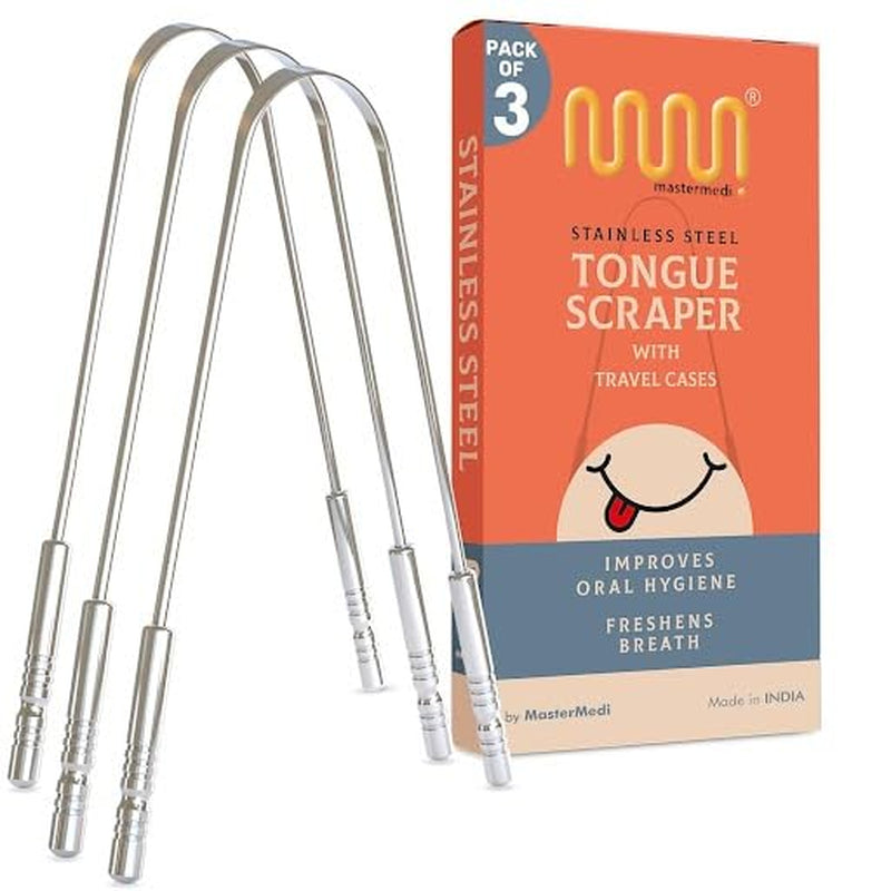 Mastermedi Tongue Scraper for Adults, 100% Stainless Steel Tongue Scrubber for Bad Breath, Easy to Use, Tongue Cleaner for Oral Care & Hygiene (Sptc-1|With Case)