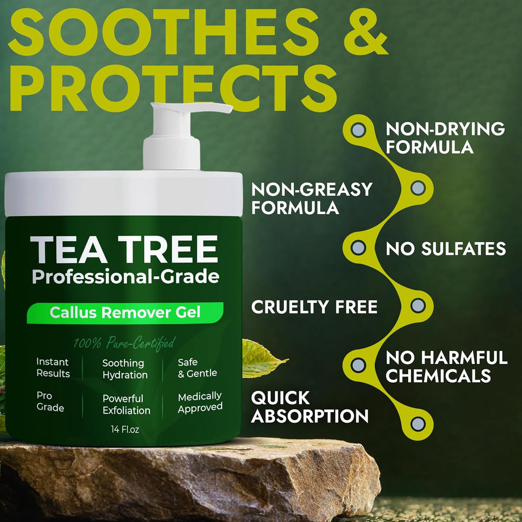 Callus Remover for Feet | Extra Strength Callus Remover Gel for Feet with Tea Tree Oil | Professional-Grade Pedicure Treatment | 50 Applications per Bottle, Includes 3 Pumice Stones | 14 Fl Oz