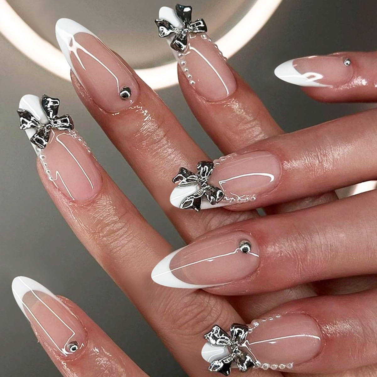 CTTHNBD Press on Nails Almond - French Tip Fake Nails with Gold Line Design - Medium Fasle Nails Press Ons - for Women 24 Pcs