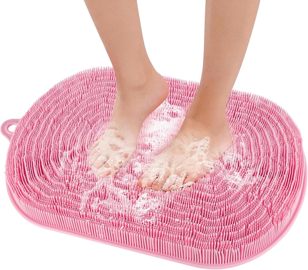 21"×14" Large Shower Foot Scrubber Mat, Silicone Feet/Back Exfoliating Cleaner with Suction Cups, Foot Massage Bath Pad for Dead Skin Removal, No Bending over Soft Bristle Bath Mat