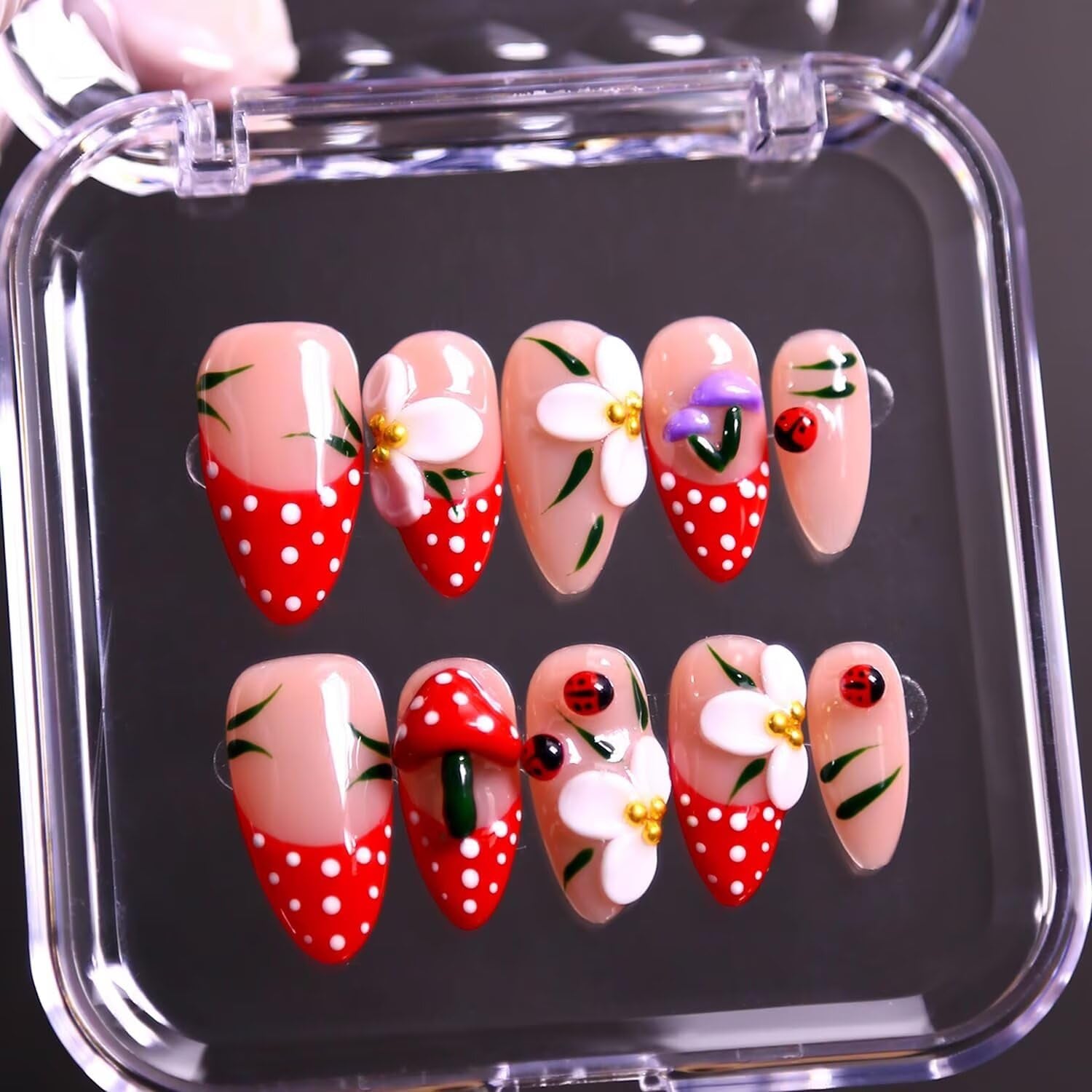 MAGLFELL Salon Press on Nails - 3D Almond Handmade Unique French Fake Nails, Thick Acrylic and Muti-Layer Gel False Nails, Reusable Gel Cured Durable Press Ons (Size S)