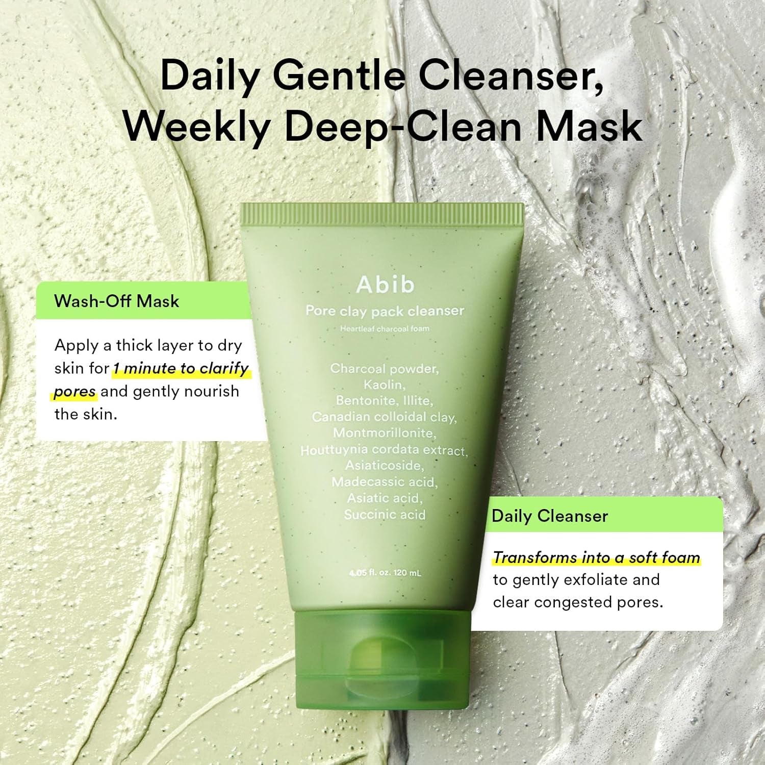 Abib Pore Clay Pack Cleanser Heartleaf Charcoal Foam, 4.05 Fl Oz, Mousse Form, Oil Control, Unscented