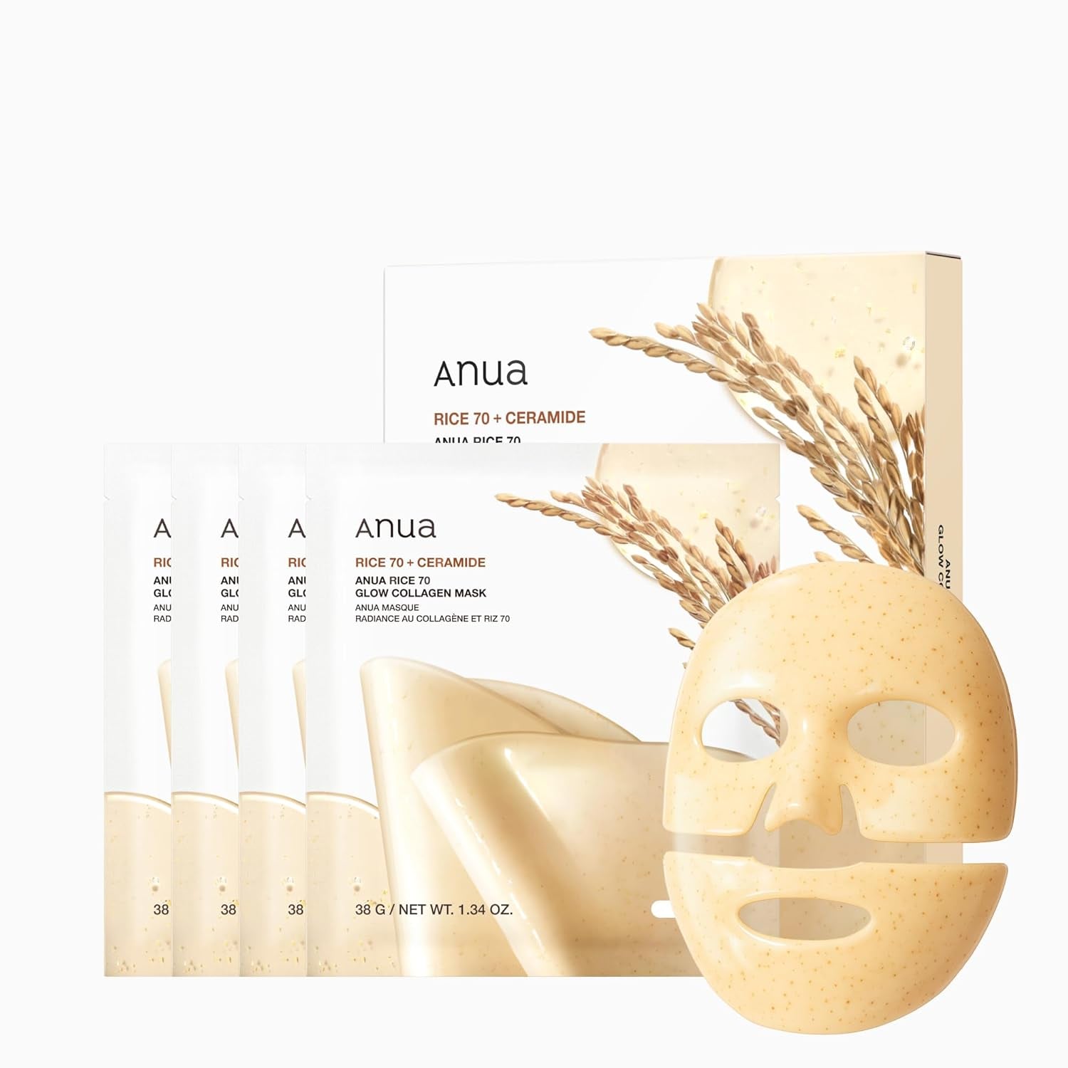 ANUA Heartleaf 70 Soothing Collagen Mask, Overnight Face Mask for Glass Skin, Hyaluronic Acid, Collagen, Soothing & Hydration Facial Mask for Sensitive Skin, Natural Color, Korean Skin Care (38G, 4Ea)