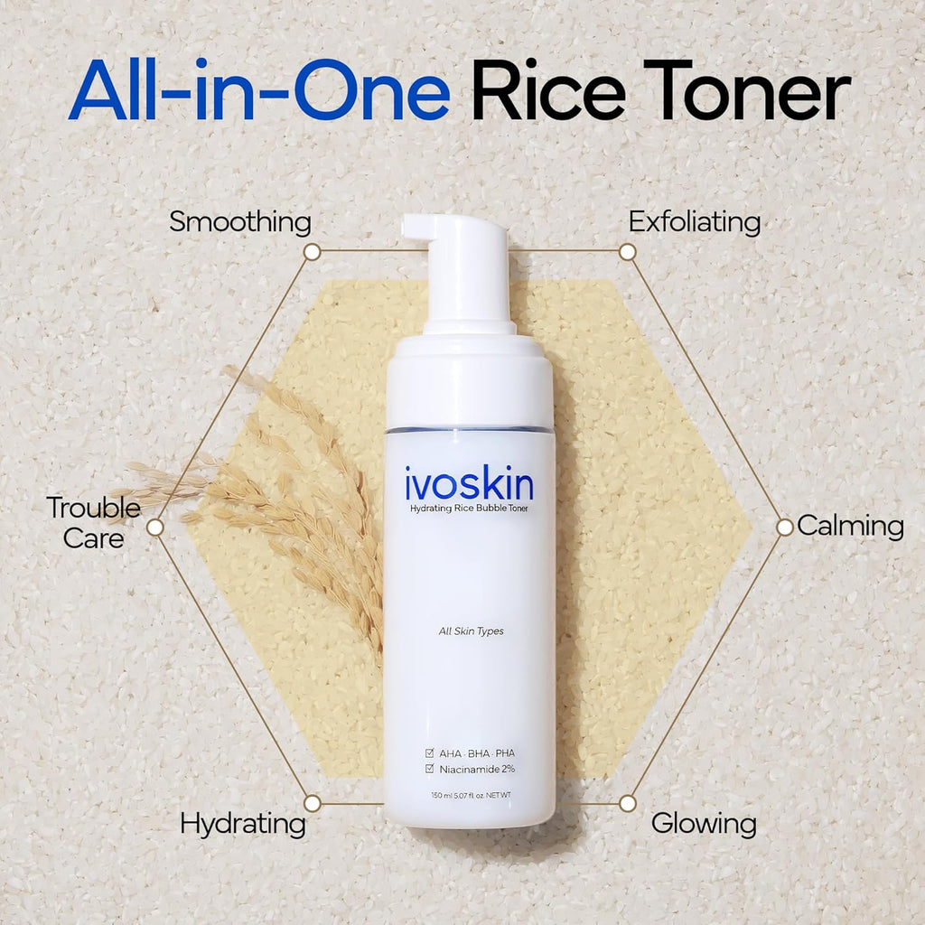IVOSKIN Hydrating & Repairing Korean Skincare Set | Rice Milky Bubble Toner + Intensive Cica Repair Cream + Collagen Jelly Hydro Mask | for Sensitive Skin