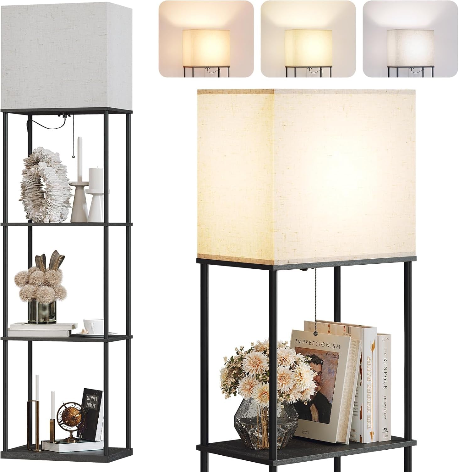 SUNMORY 5 Tier Floor Lamp with Shelves, Modern Square Standing Lamp with 3 Color Temperature Bulb, Corner Display Bookshelf Lamp for Living Room and Bedroom, Tall Shelf Floor Lamp