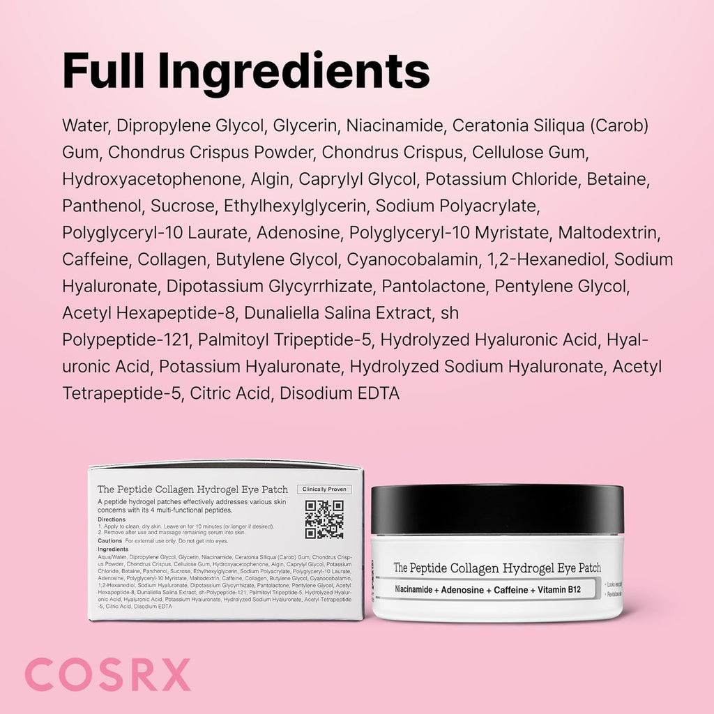 COSRX Pink Peptides Collagen Hydrogel Eye Patch for Puffy Eyes, Dark Circles & Fine Lines, Cooling under Eye Patches (60), Korean Skin Care