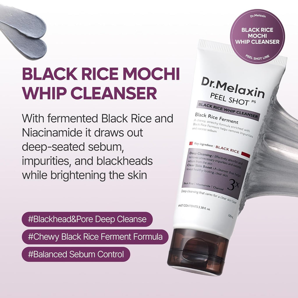 Dr.Melaxin Peel Shot Black Rice Mochi Whip Cleanser 100Ml Formulated for Blackheads, Clogged Pores, Excess Sebum, and Dull Skin