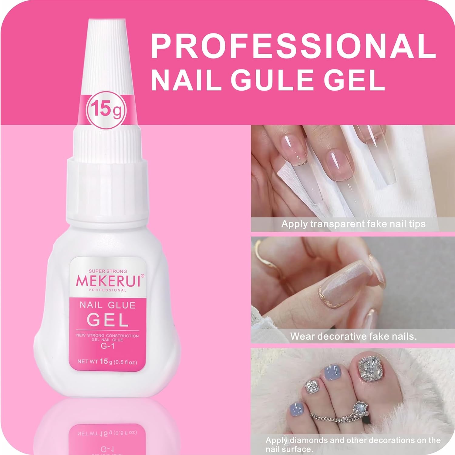 MEKERUI Super Strong Nail Glue Gel 15G – Air-Dries in 7 Seconds, No UV Lamp Needed, Waterproof & Long-Lasting for Press-On Nails