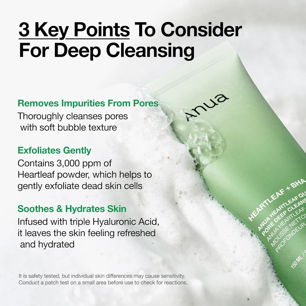 Anua Heartleaf Quercetinol Pore Deep Cleansing Foam, Face Wash for Pore Refining Cleanser, Hydrating Daily Facial Cleanser for Double Cleansing, Gentle Foaming with BHA, Korean Skincare, 5.07 Fl.Oz.