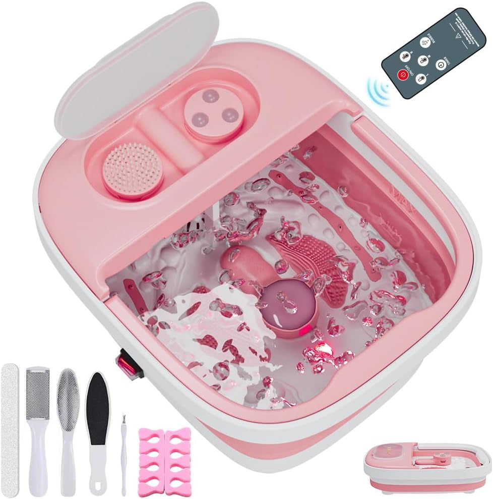 Collapsible Foot Bath, Foot Spa Bath Massager with Heat, Bubble, Remote Control, Temperature Control, 3 Pedicure Attachments, Feet Soaking Tub for Stress Relief