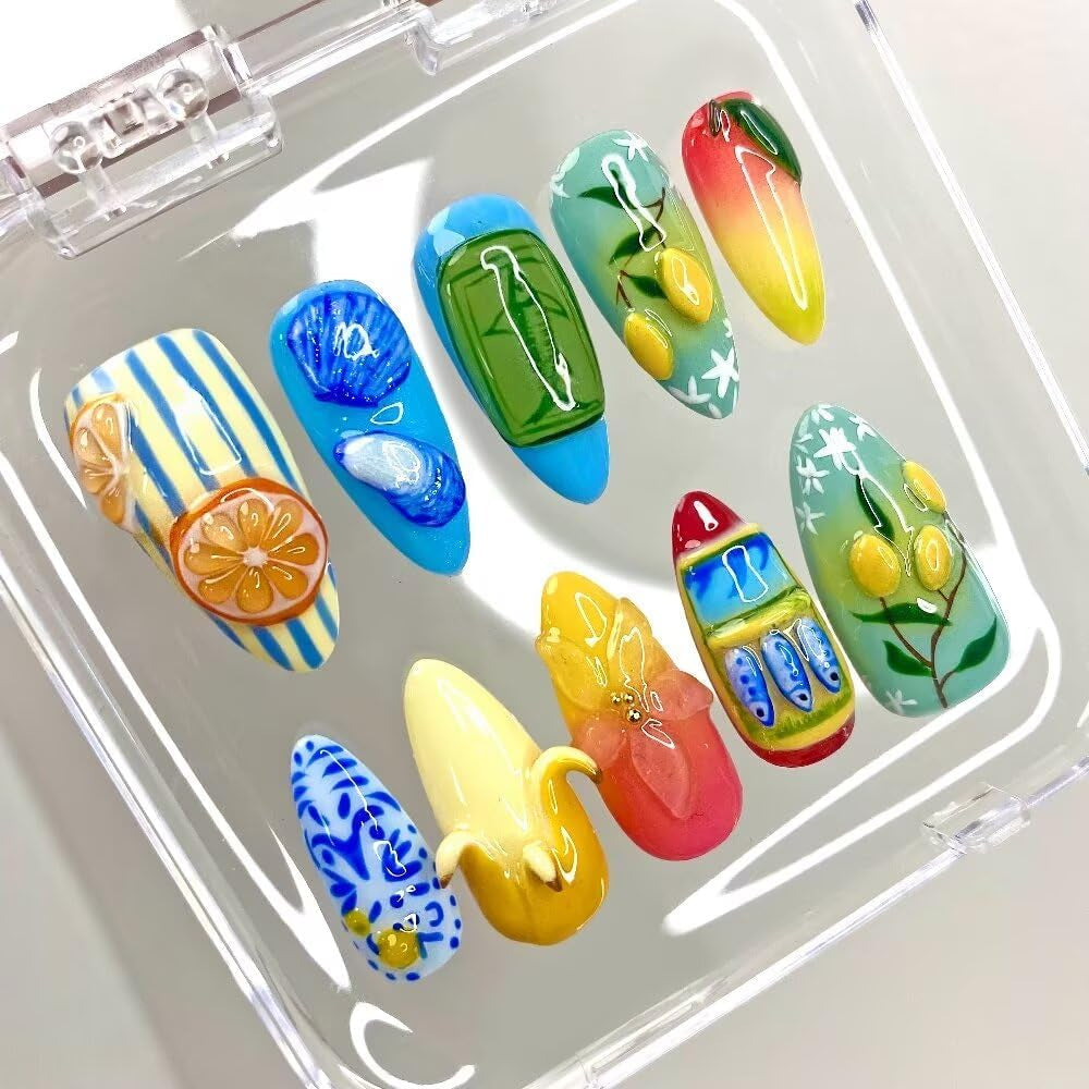 MAGLFELL Salon Press on Nails - 3D Almond Handmade Unique French Fake Nails, Thick Acrylic and Muti-Layer Gel False Nails, Reusable Gel Cured Durable Press Ons (Size S)