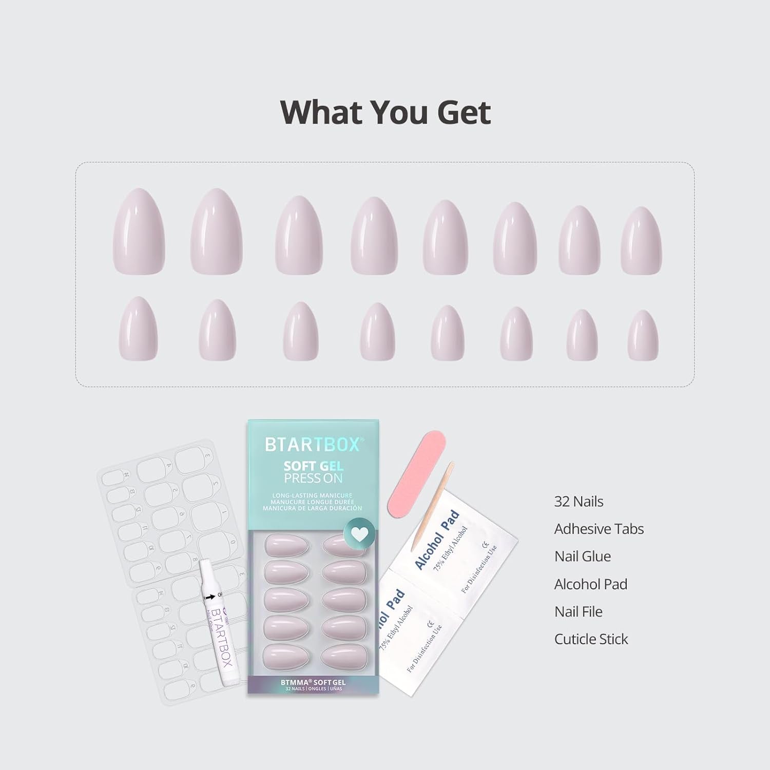 Btartbox Press on Nails Almond - Pastel Purple Short Press on Nails with Glue for Women, Opaque Soft Gel Glue on Nails in 16 Sizes - 32 Stick on Nails Kit, Satin Memo