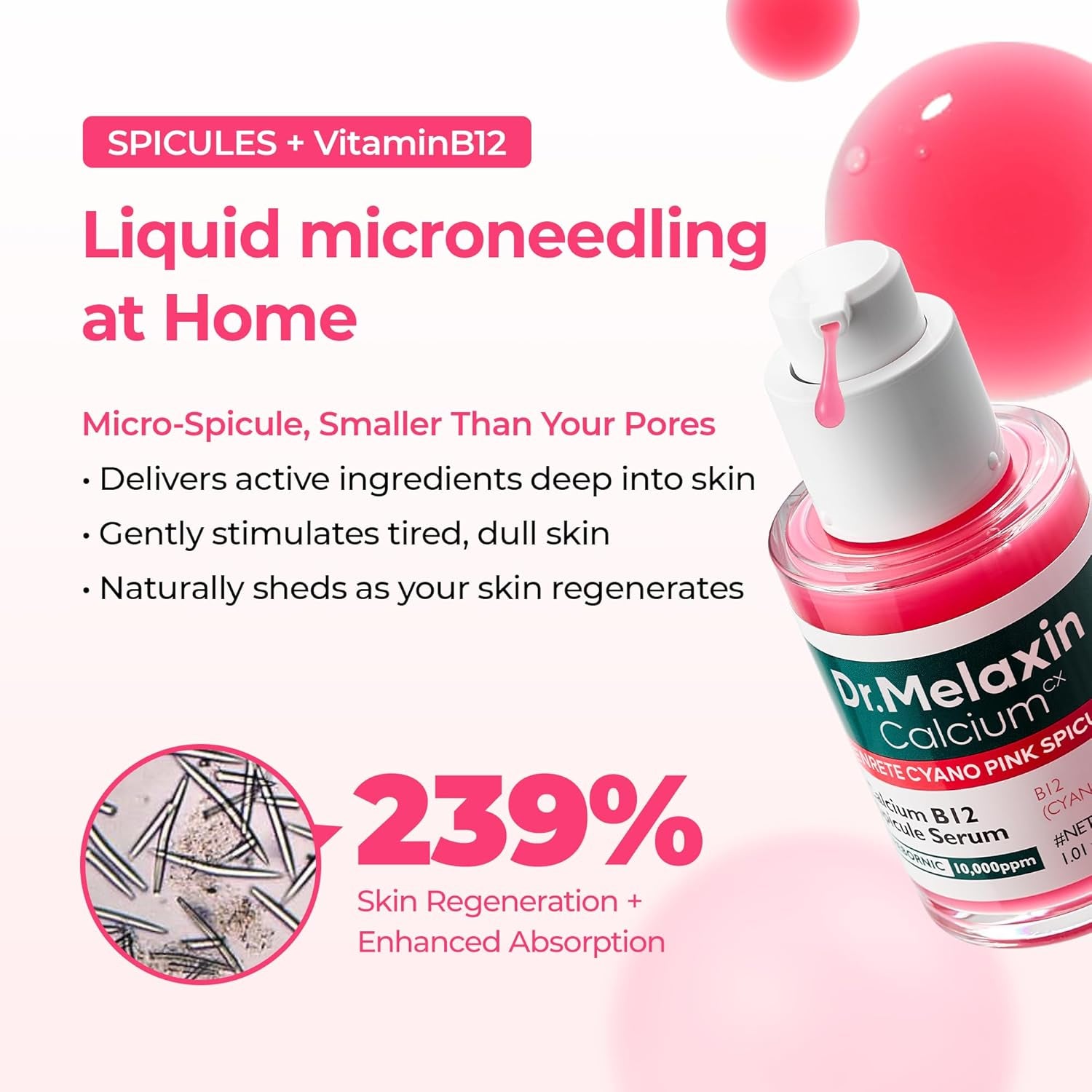 Dr.Melaxin Cyano Pink Spicule Serum with Vitamin B12, Liquid Microneedle Facial Treatment for Enlarged Pores, Niacinamide for Texture Refining & Renewal, 1.01 Fl.Oz