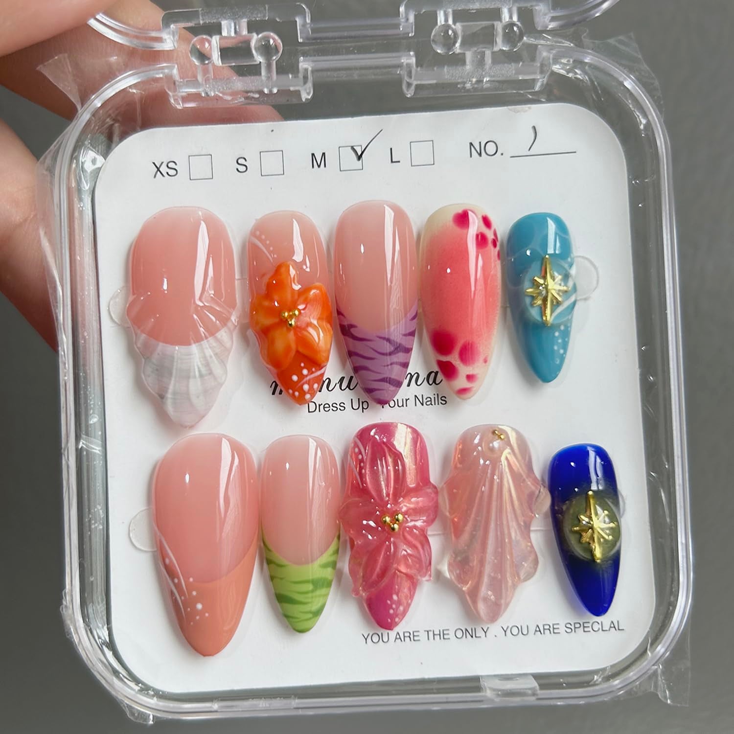 MAGLFELL Salon Press on Nails - 3D Almond Handmade Unique French Fake Nails, Thick Acrylic and Muti-Layer Gel False Nails, Reusable Gel Cured Durable Press Ons (Size S)