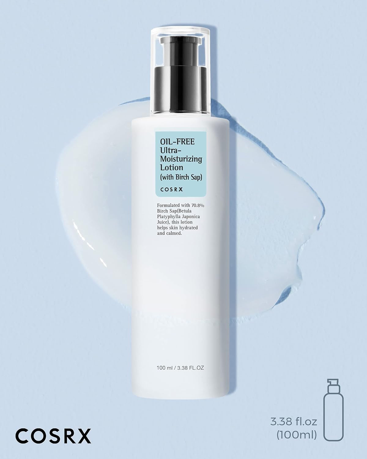 COSRX Oil Free Lotion with Birch Sap, Daily Acne Facial Moisturizer, Hydrating Moisturizer for All Skin Types, Korean Skin Care, 3.38 Fl.Oz / 100Ml