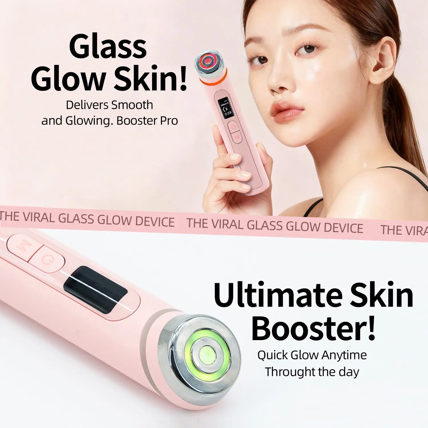 Korean Glow Device Booster - Pink New | K-Beauty Viral Glass Glow Device, 4 Light Modes, Mini Facial Lifting Tool, Lightweight Portable Korean Skincare Experience, Daily 5-Minute Skin Care