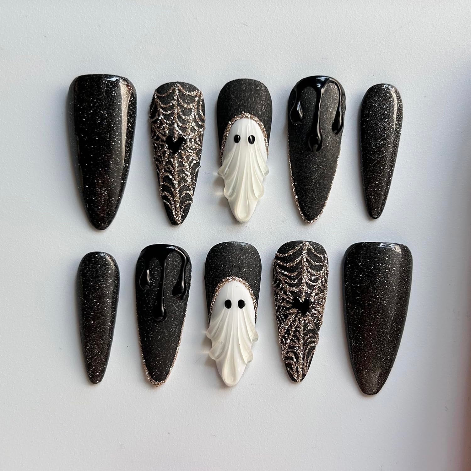 MAGLFELL Salon Press on Nails - 3D Almond Handmade Unique French Fake Nails, Thick Acrylic and Muti-Layer Gel False Nails, Reusable Gel Cured Durable Press Ons (Size S)